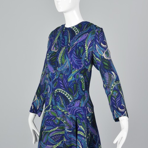 M 1960s Loose Wool Dress Simple Vintage Shift Perky Paisley Print Drop Waist VTG - Picture 8 of 12