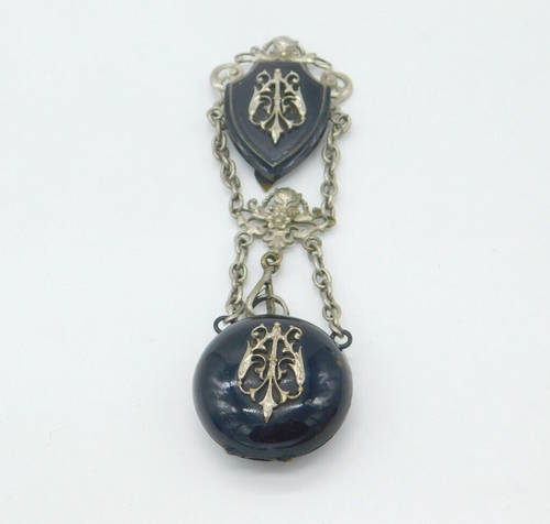 Art Nouveau Victorian Silver Plated Black Enamel Chatelaine Watch Fob Antique - Picture 1 of 6