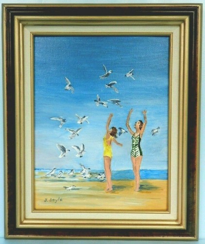 M. JANE DOYLE SIGNED ORIG.ART OIL/CANV PAINTING "FEEDING THE GULLS" (BEACH) FR. - Picture 2 of 7