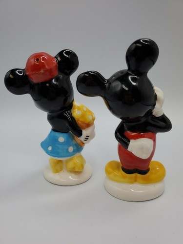 Vintage Mickey Minnie salt and pepper shaker set kiss on cheek red hat - Picture 3 of 12