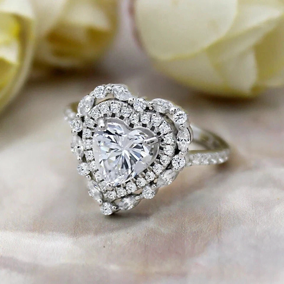 3Ct Heart Cut Lab Created Diamond Cluster Engagement Ring 14K White Gold Finish - Image 2 of 4