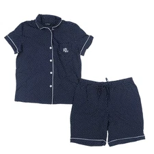 Lauren Ralph Lauren Women’s Navy Dotted Cotton 2-Piece Pajama Shirt & Short Set