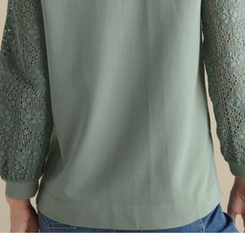 NEU MIT ETIKETT WEICHE UMGEBUNG GEHÄKELTE ÄRMEL GRÜN FRENCH TERRY HI LOW SHIRT TUNIKA OBERTEIL L - Bild 11 von 18