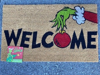 NWT Dr Seuss The Grinch Welcome Christmas Holiday Coir Outdoor Mat 18 x30 