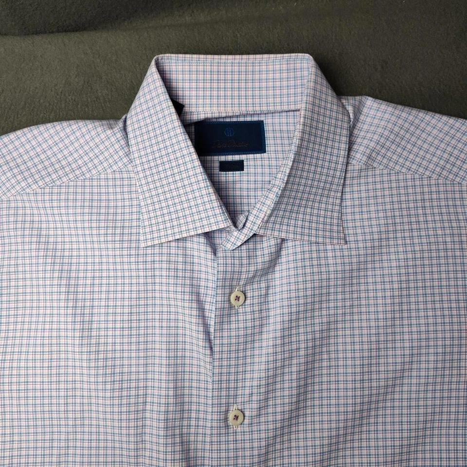 Camisa David Donahue Para Hombre 17 34/35 Azul Rosa Cuadros Ajuste Algodón Abotonada Foto 3 de 4