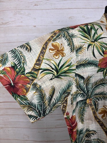 Men's Aloha Shirt XL Hawaiian Hibiscus Palm Trees Palmera Flowers Button Up Nice - Picture 9 of 16