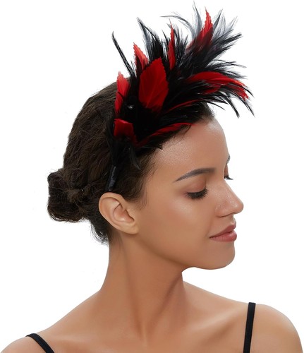 Cappelli Fascinator con Fascia in Piuma Nero Rosso per Donna,1920 Copricapo per - Foto 3 di 7