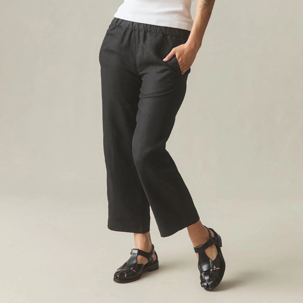 American Giant Black 100 Linen Elastic Waist Cropped Pants Size S