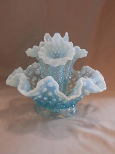 Fenton Blue Opalescent Hobnail Miniature Apartment 3-Horn Epergne Set c.1950