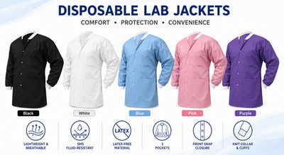 10x SMS Disposable Lab Jacket 3-Pocket Hip Length Knit Collar & Cuffs Dental