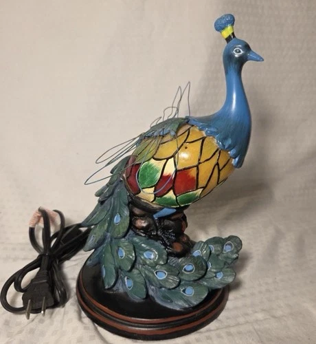 Vintage Tiffany Style Stained Glass Peacock Accent Lamp Working 10.5”