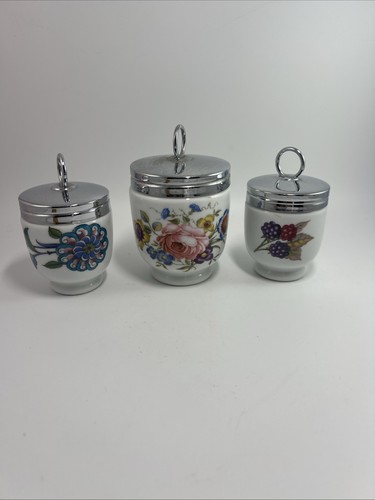 Set of 3 Royal Worcester Egg Coddlers Bone China England Floral & Fruit