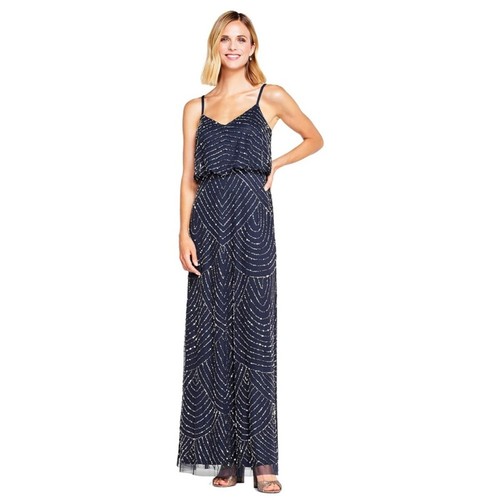 NWT Adrianna Papell Art Deco Beaded Blouson Maxi Dress Navy Blue Size 12 - Picture 4 of 8