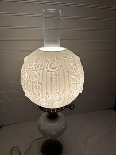 Antique Fenton Lamp Cabbage Rose Double Globe Milk Glass Marble Base - Picture 3 of 7