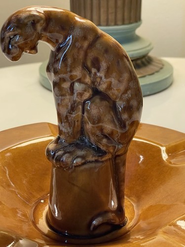 VTG Royal Haeger Crouching LEOPARD Perched Center Circular ASHTRAY Gold Glaze - Picture 8 of 15