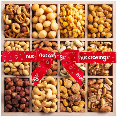 NUT CRAVINGS Mixed Nuts Gift Basket, Wooden Tray, 12 Assortments