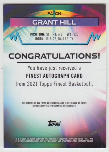 2021 Topps Finest NBA Basketball Grant Hill #FA-GH Autograph Auto On Card - Picture 4 of 4