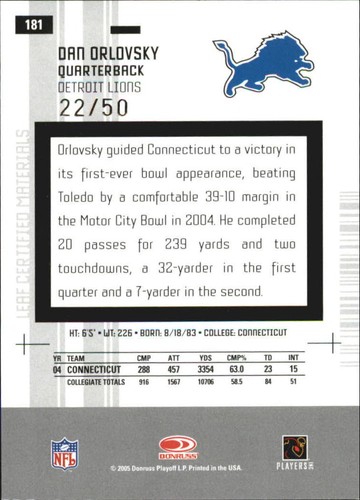2005 Leaf Certified Materials Mirror Blue #181 Dan Orlovsky/50 - FB - Picture 2 of 2