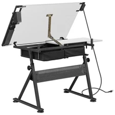 Adjustable Drafting Drawing Table Tabletop Tiltable w/ Stool & Outlet White