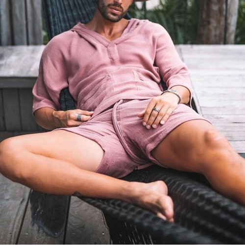 Mens Cotton Linen Sets Set Short Sleeve T Shirts Shorts Holiday Outfit 2-Piece - Picture 7 of 21