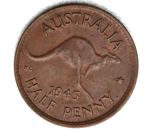 1943 HALFPENNY NICE WITH UNDERLYING MINT RED AUSTRALIA NICE CONDITION #AA250 - Picture 5 of 8
