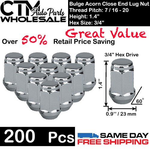 200 PCS 1.4" TALL CHROME 7/16-20 BULGE ACORN LUG NUTS CLOSE END WHOLESALE SAVING - Bild 1 von 2