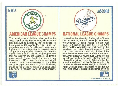 WORLD SERIES #582 - SCORE NM-MT 1989 - Picture 2 of 2