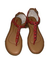Born Adana Red Leather Studded T Strap Flat Thong Sandals 8M NEW