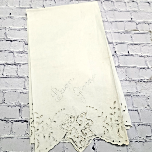 VTG Embroidered Floppy Linen Hand Towels~2 Eyelet Cutwork Lace Italian Ecru lot - Picture 3 of 16