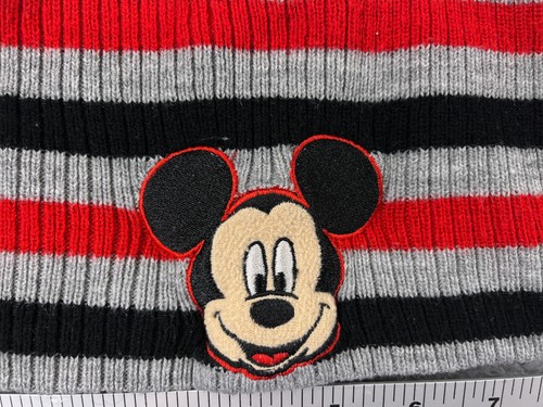 Disney Mickey Mouse Beanie Toque Youth 2T-5T Gray Red Black Stripe Acrylic - Picture 2 of 7