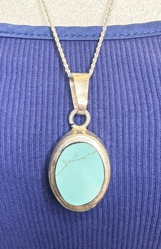 Vintage Oval Turquoise Cabochon 925 Sterling Silver Necklace 22 In - Picture 10 of 10