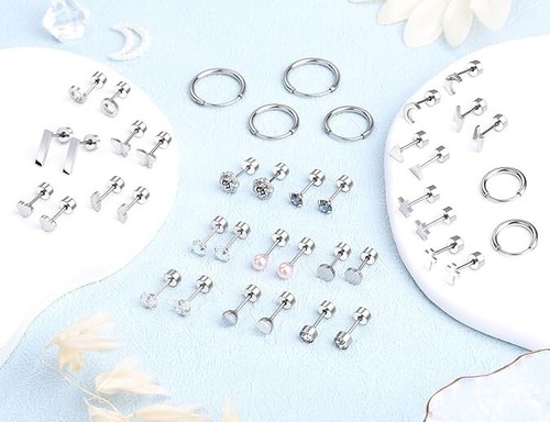 Surgical Stainless Steel Hypoallergenic Flat Back Stud Earrings for Women Men CZ - Picture 5 of 7