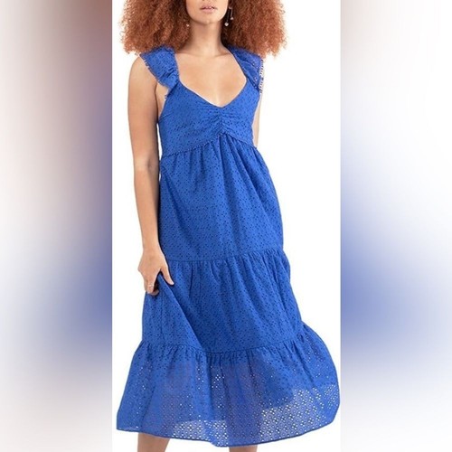 ZARA blue eyelet lace midi dress tiered ruffle strap cotton women small cottage - Picture 16 of 16