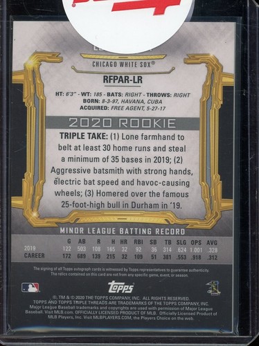 Luis Robert 2020 Topps Triple Threads Relics RPA Auto Jersey Patch Rookie RC /99 - Bild 2 von 2