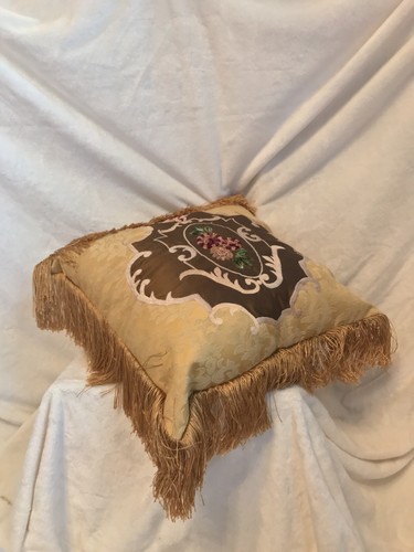 Vintage Yellow Cotton Damask Fringe Pillow w/Velvet Appliqué Flowers Embroidery - Picture 4 of 12