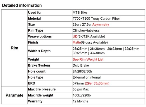 29er / 27.5er Carbon Rims 28 29 32 33mm Width 23 25 28 30mm Depth Matte Glossy - Picture 7 of 9