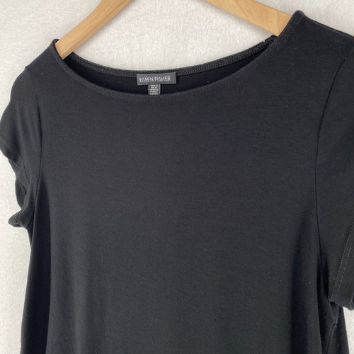 EILEEN FISHER Top S Stretch Viscose Jersey Tunic Boat Neck Cap Sleeve Black USA - Picture 2 of 12