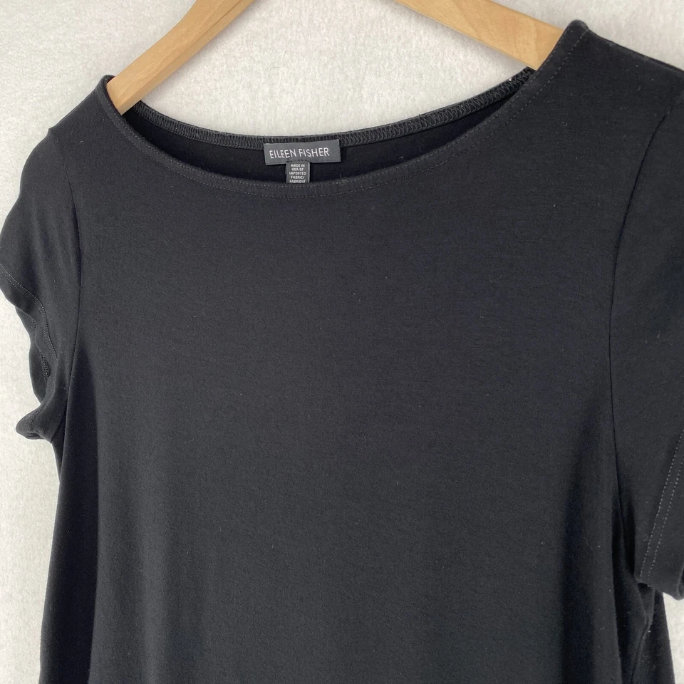 EILEEN FISHER Top S Stretch Viscose Jersey Tunic Boat Neck Cap Sleeve Black USA - Image 2 of 4