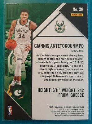 2019-20 PANINI CHRONICLES GIANNIS ANTETOKOUNMPO #39