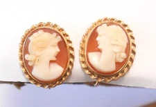 Lovely Shell Cameo of Female 10K Yellow Gold Screw Back Earrings