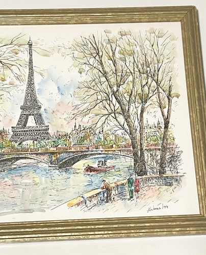 Stampa artistica acquerello Torre Eiffel Parigi incorniciata oro 14x18” Francia fiume Senna - Foto 6 di 13