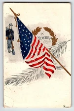 Memorial Decoration Day Postcard In Memoriam US Soldier Of War Flag Wreath 1907