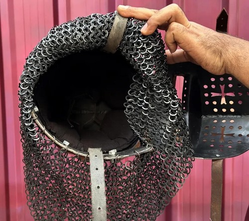 Mittelalter Bascinet Helm mit genietetem Kettenhemd Ritterrüstung LARP & Cosplay - Bild 10 von 10