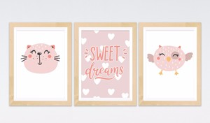 3 prints cat owl girls posters kids room nursery wall art decor