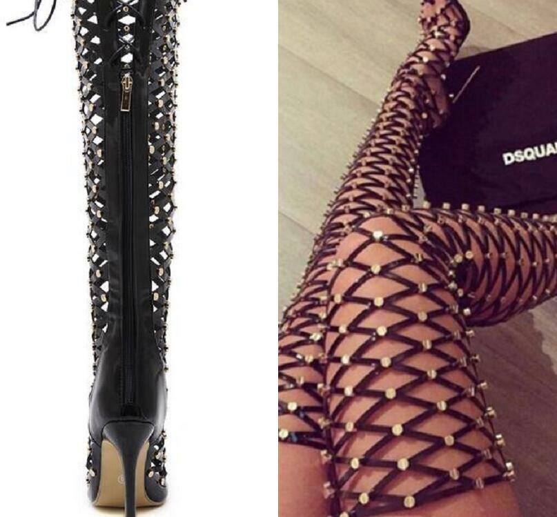Sandalias De Mujer Zapatos Stilettos Tacón alto calado sobre La Rodilla alta botas Remache Sandalias De Mujer Zapatos Stilettos Tacón alto calado sobre La Rodilla alta botas Remache