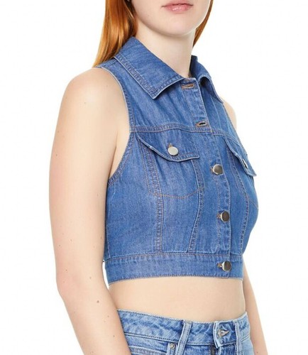Blue denim sleeveless button down crop vest top Women Size SMALL y2k 90s cropped - Picture 2 of 4