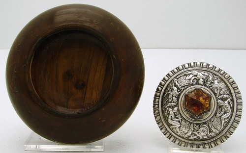 Carved Wood Box with German Solid Silver Top & Base w Fig Frog & Amber Finial  - Picture 3 of 8