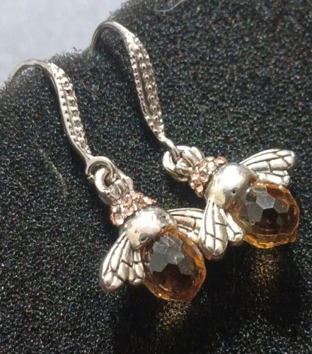 Amber Crystal Bee Dangle Earrings SliverTone