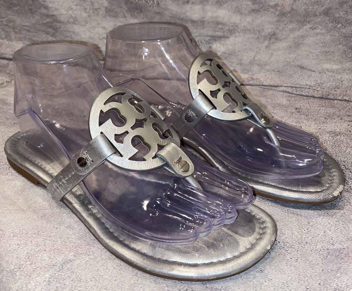 Tory Burch Miller Logo Sandals Metallic Silver Gray Flip Flops Size 7.5 M Luxury eBay