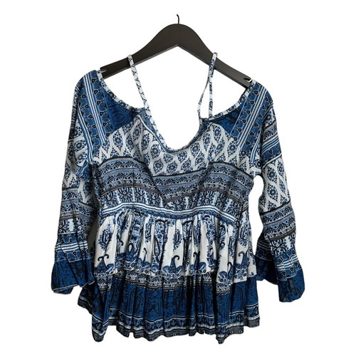 Raga NWT Shirt Size Medium New Blue White Blouse Cold Shoulder Flare Sleeves - Picture 3 of 8